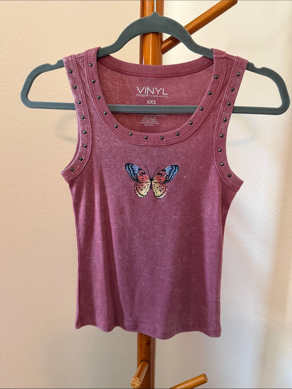 Vinyl Brand Rose-Mauve Butterfly Studded Tank Top